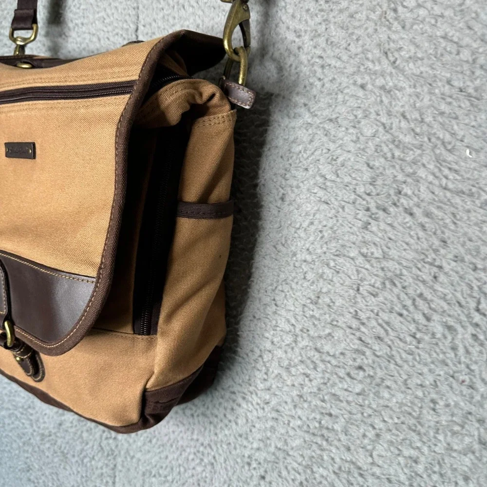 Eddie Bauer Tan Canvas Messenger Bag Brown Crossbody Satchel Brass Hardware